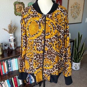 Vintage Saint Germain Paris Baroque Leopard Print Bomber Jacket with Gold Scroll